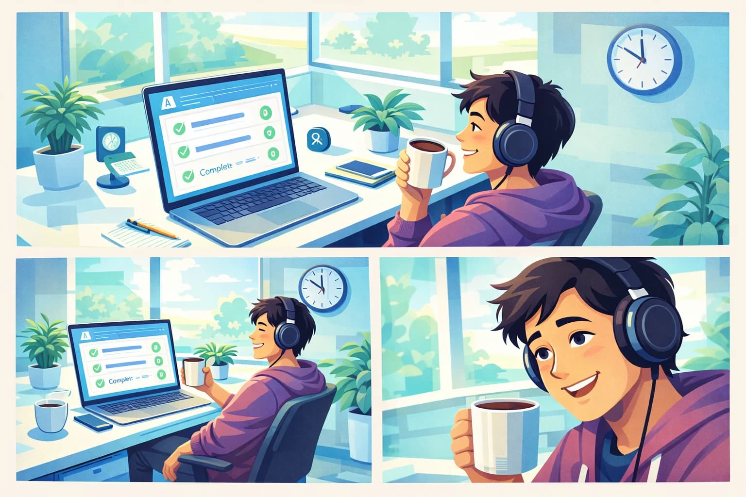 Relaxed podcaster with AI-automated content creation workflow